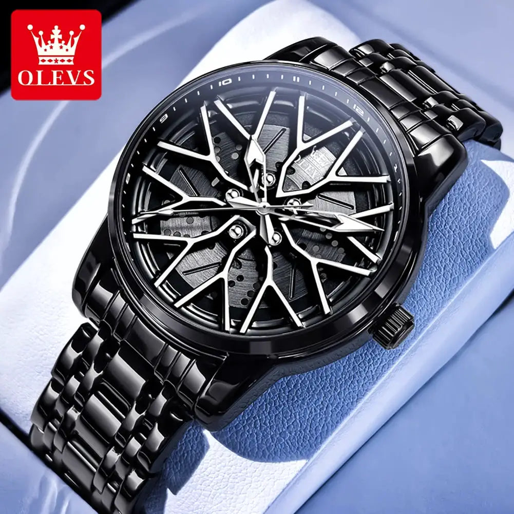 OLEVS men's skeleton dial quartz watch with black stainless steel bracelet; 30M water resistant; logo visible