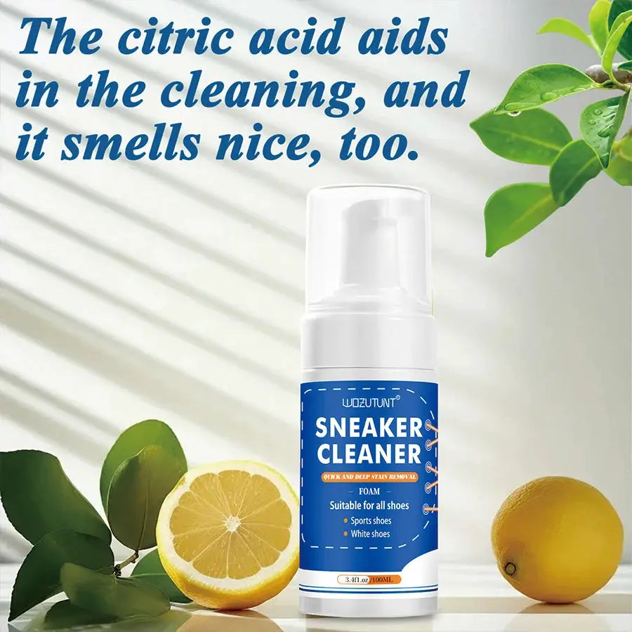 Sneaker cleaner foam bottle, white with blue label showing suitable for all shoes, 100 ml