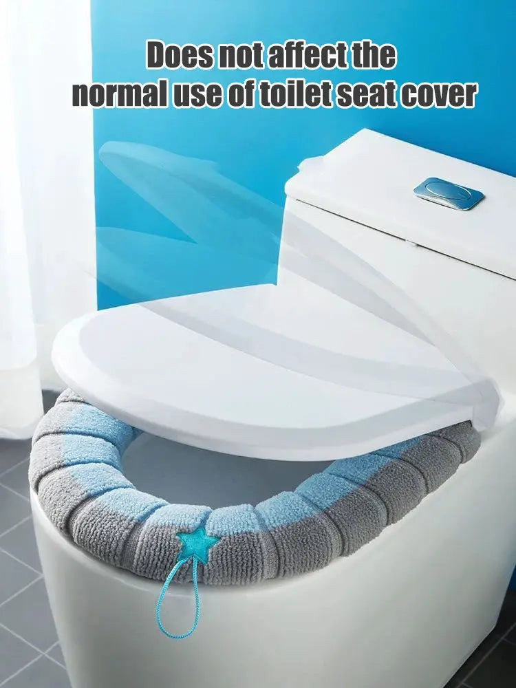 Toilet seat warmer cover pad; thicker soft cushion in blue-gray fabric with star accent.