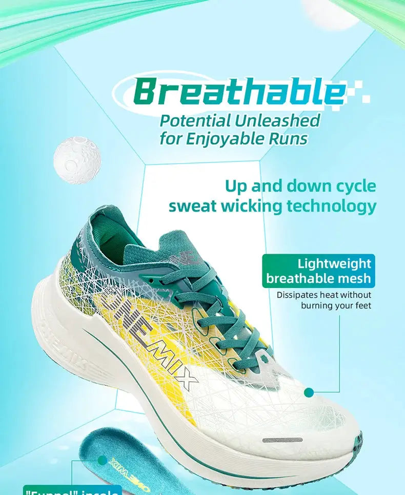 ONEMIX Marathon carbon-plate men's running shoes, teal and white with yellow accents, lightweight breathable mesh