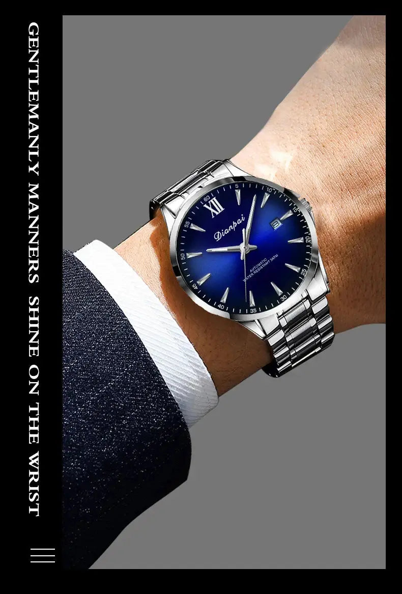 Dianpai men's automatic mechanical wristwatch with blue dial, stainless steel case and bracelet, calendar date window