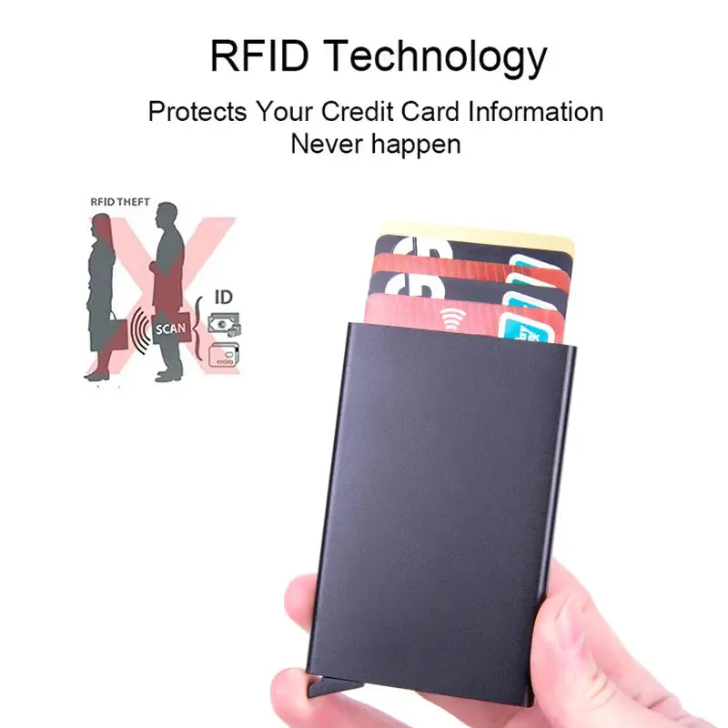 RFID metal slim card wallet in black with cards visible; Simples Market