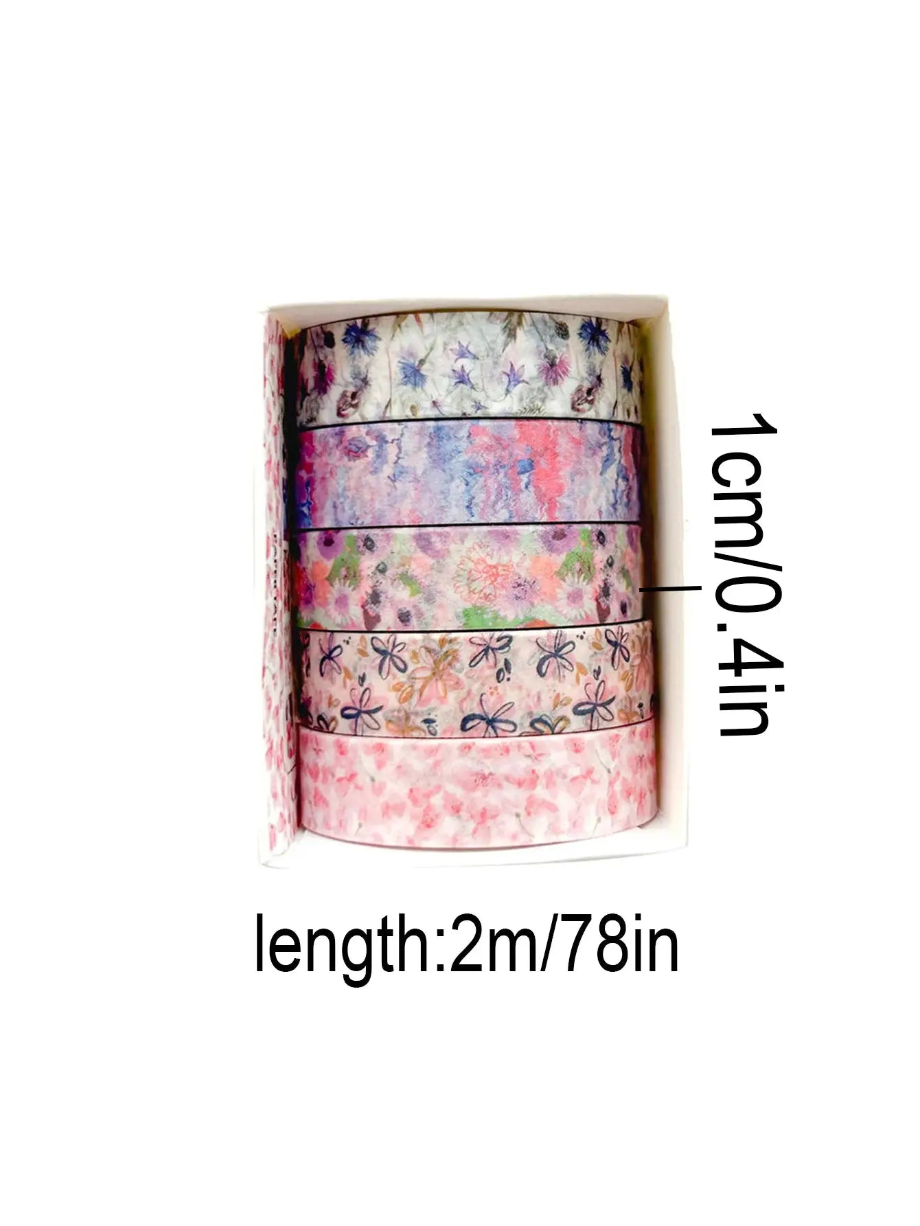 Washi tape set: five floral rolls in a box with pastel flower patterns by Simples Market.