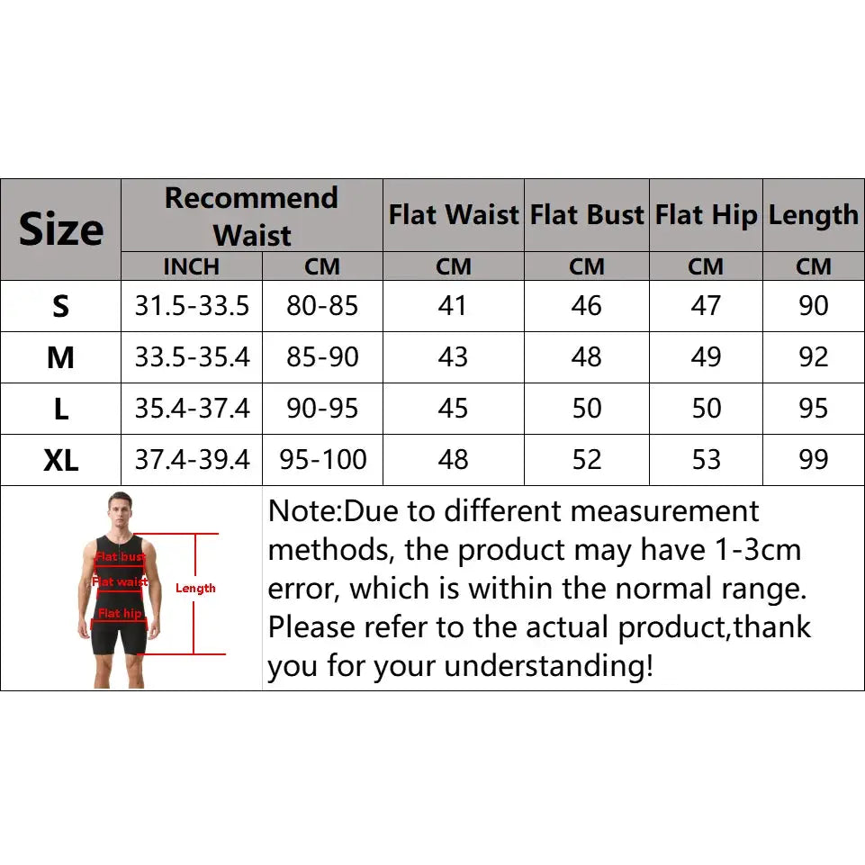 Simples Market men's sauna suit waist trainer size chart (S–XL) with flat waist/bust/hip measurements.