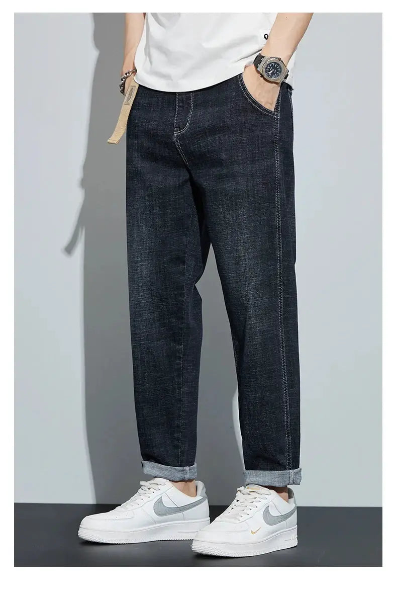 Winter dark blue fleece jeans for men by Simples Market, loose straight fit with rolled cuffs versatile casual style