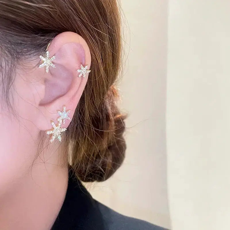 Silver-plated leaf butterfly clip earrings set of four with zircon accents, non-piercing