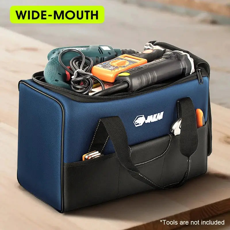 Simples Market Heavy Duty Polyester Tool Bag in blue with black base, wide-mouth opening