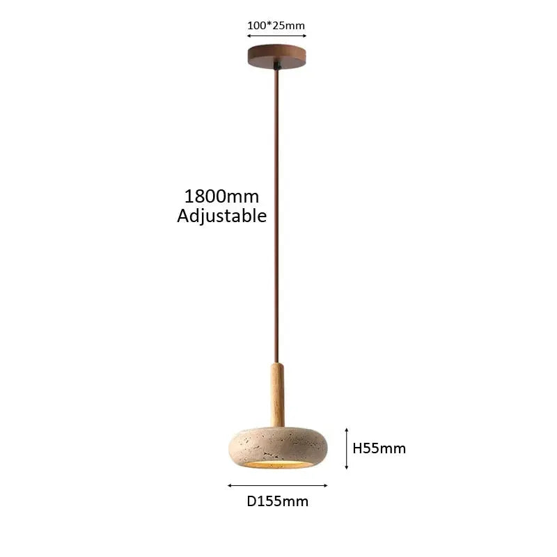 LED pendant lamp, Wabi Sabi circular yellow stone with wood accent, 155mm dia, 55mm high, 1800mm adjustable cord