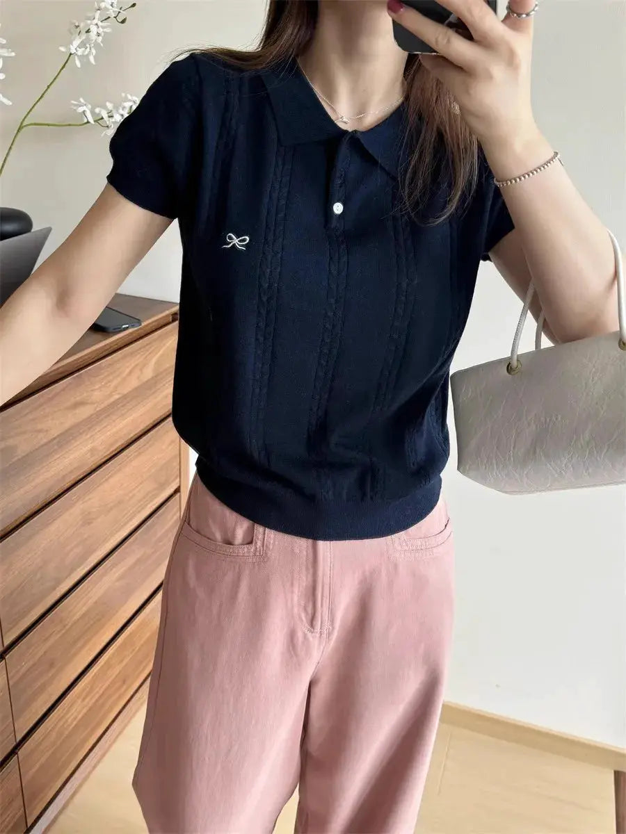 AOSSVIAO Korean Knitted Polo Shirt Women Bow Embroidered Top