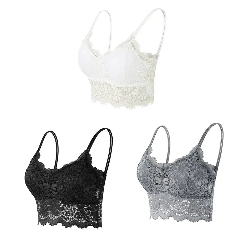 3-piece Simples Market lace bralette set in white, black and gray floral lace, wireless seamless longline.