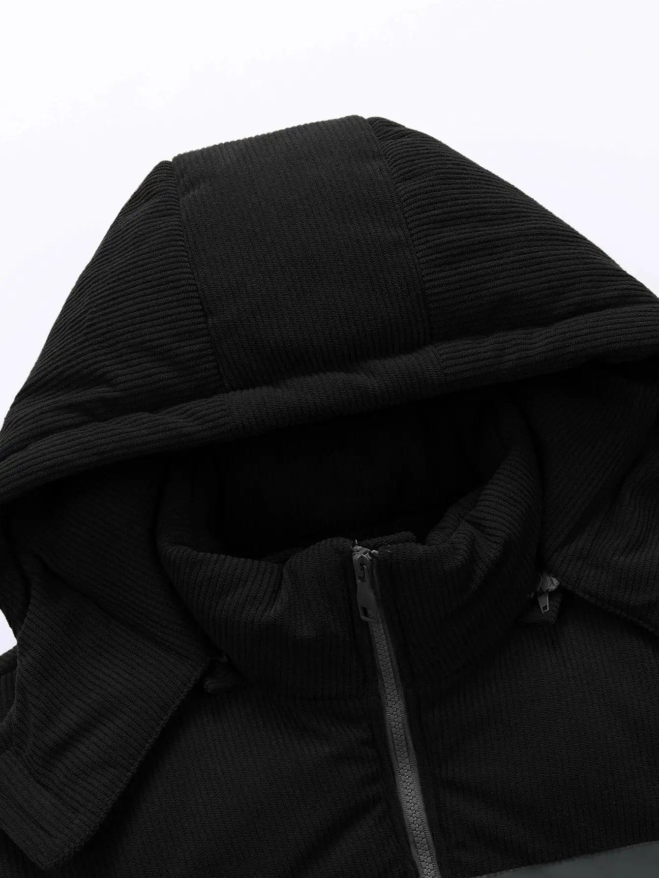 Men's black hooded cotton jacket with thick knit cuffs and front zipper
