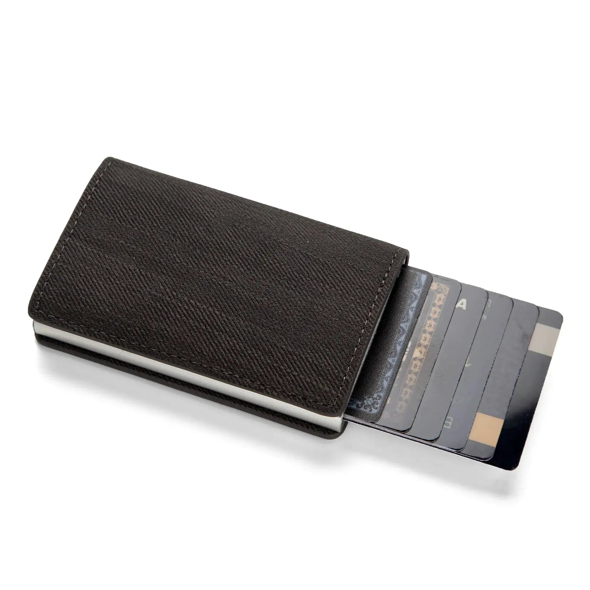 Anti-theft RFID card holder in black PU leather; slim minimalist wallet with visible card slots.