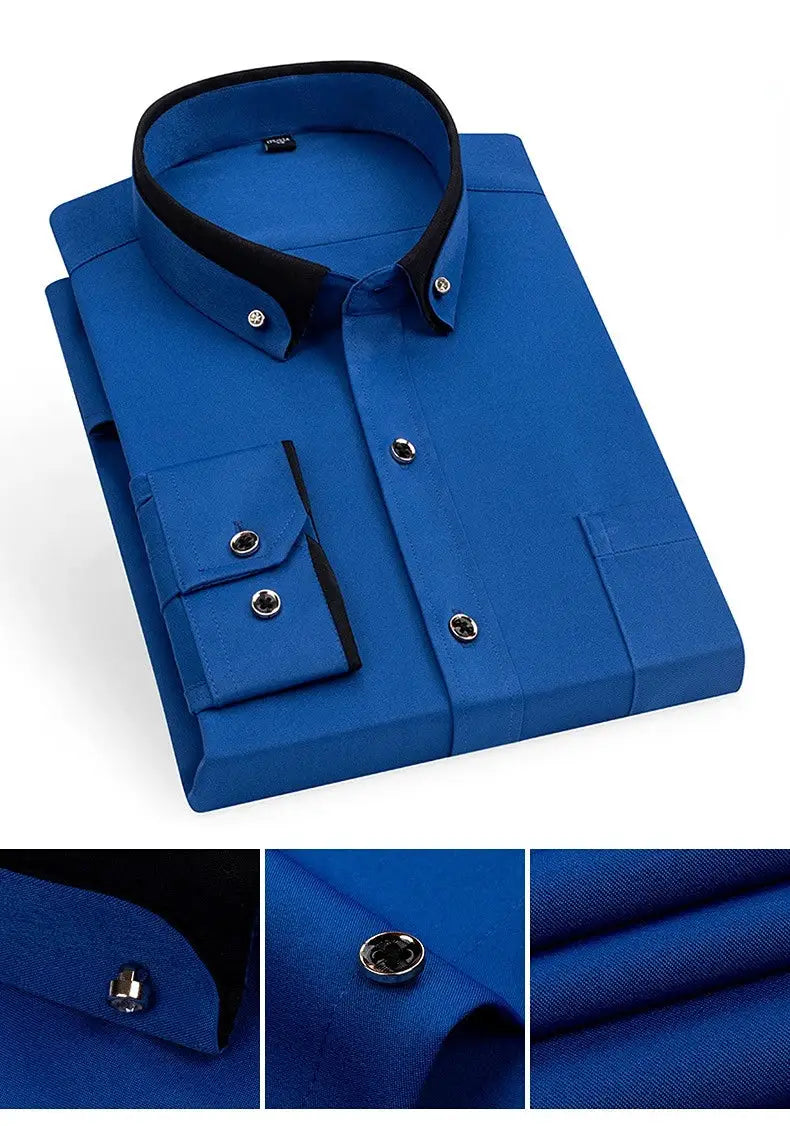 Simples Market blue men's dress shirt with button-down collar, pocket, anti-wrinkle fabric.