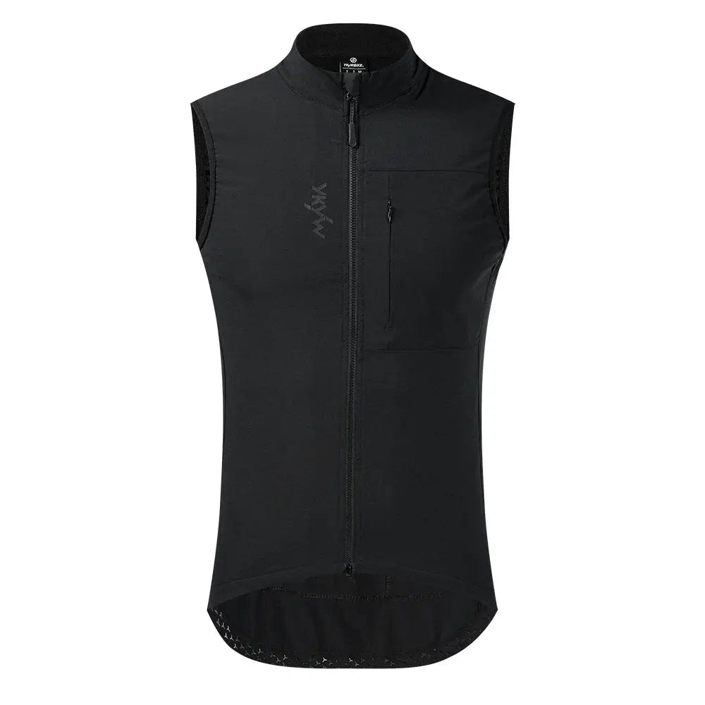 YKYWBIKE men's cycling sleeveless windproof fleece vest in black with full-zip front and chest pocket