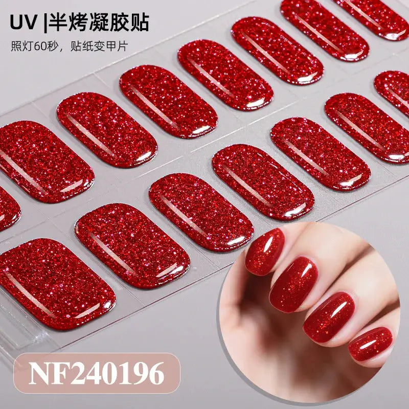 Gel nail wrap sheet with red glitter; full-coverage, UV lamp-ready for DIY manicure