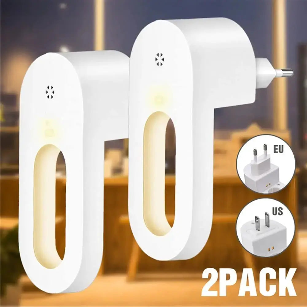 Two-pack white EU/US plug wall night lights with twilight sensor, warm white glow