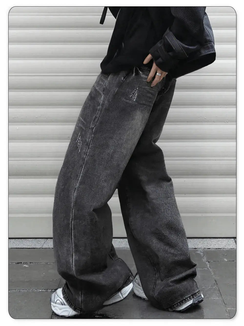 LIYS unisex retro gray ultra baggy wide-leg denim jeans with distressed patches by Simples Market.