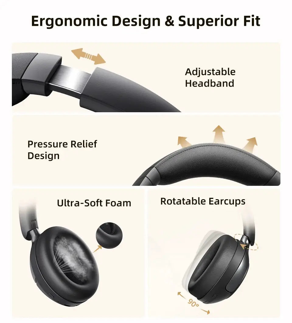 QCY H3 Pro ANC wireless over-ear headphones by Simples Market with adjustable headband, rotatable earcups and ultra-soft foam cushions