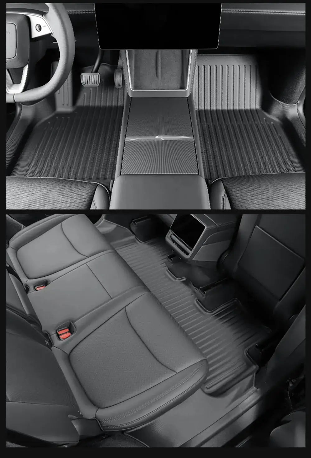 Tesla Model Y floor mat set with door-sill protection; all-weather interior liner in dark gray