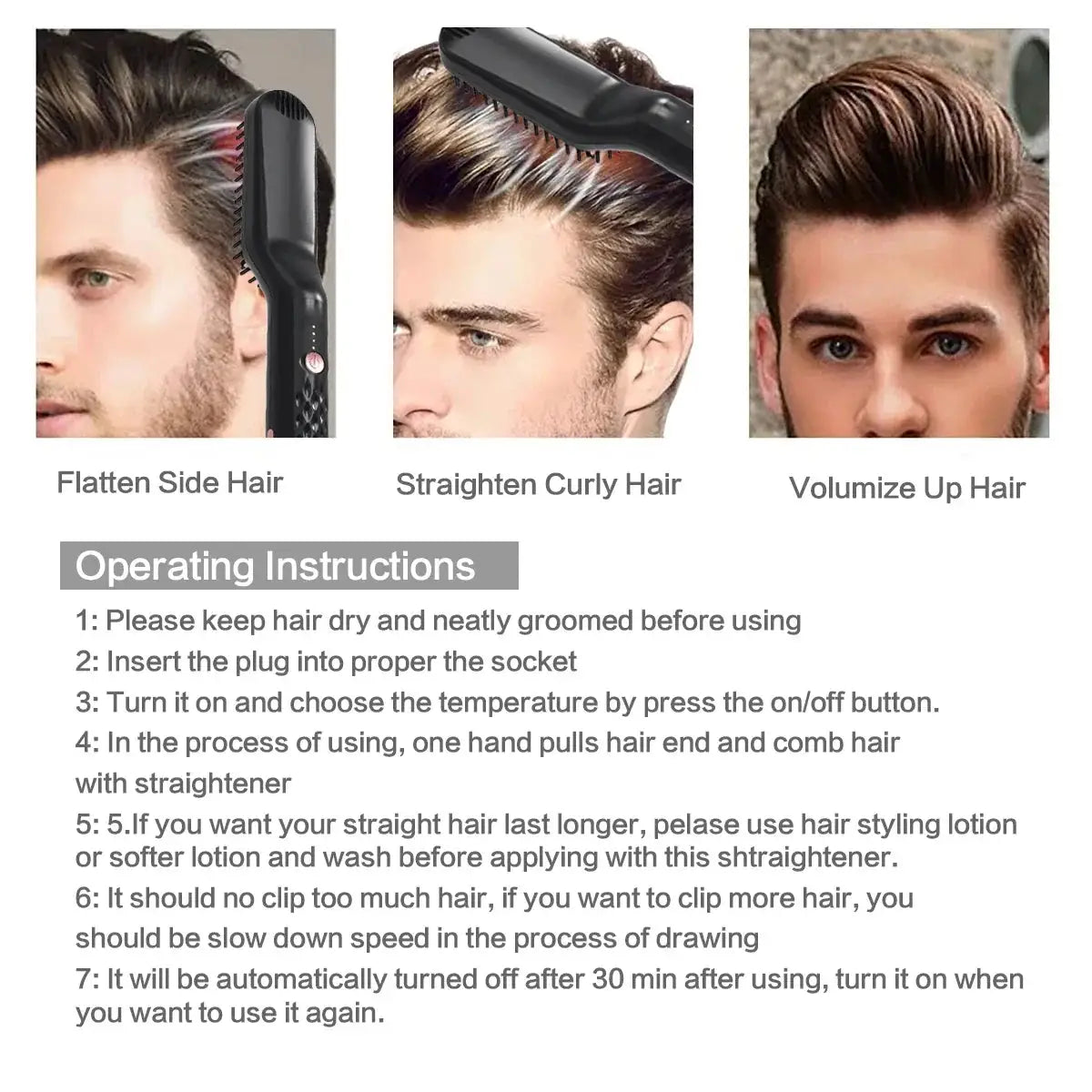 Men's electric beard straightener brush in black; three styling options shown: flat side, straightened curls, volume up.