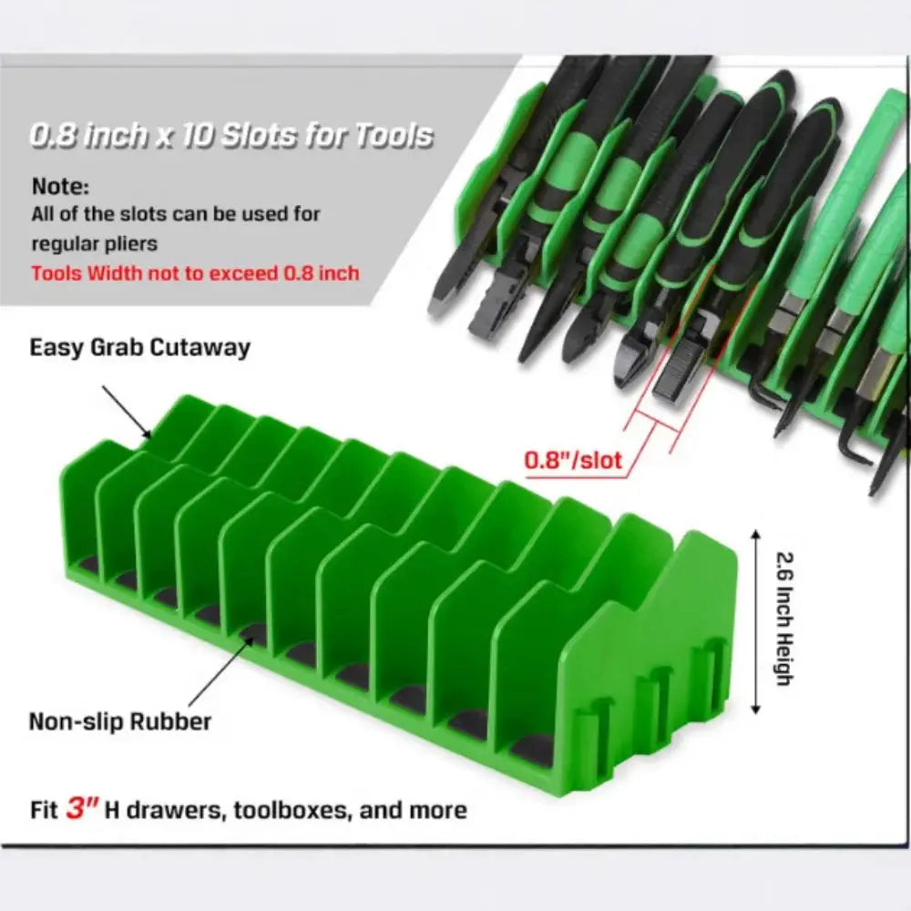 Drawer pliers rack by Simples Market; green plastic space-saving tool organizer holds up to 10 pliers