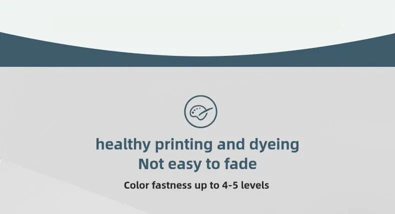 Banner with circular dyeing icon and text about healthy printing and dyeing; color fastness up to 4–5 levels.