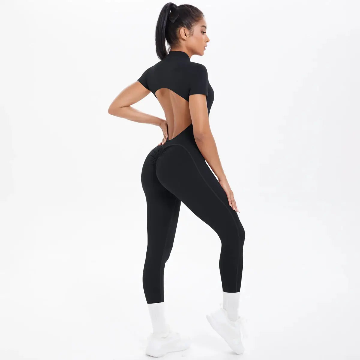 Simples Market women's black backless scrunch one-piece gym bodysuit, short sleeves