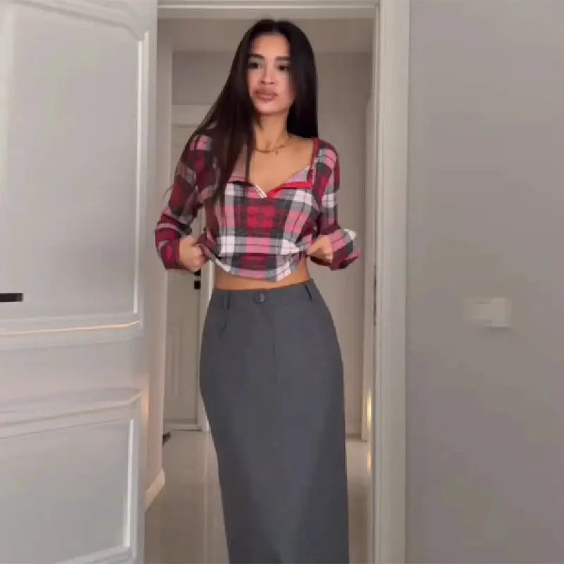 Simples Market women's grey pencil skirt suit with pink plaid blouse