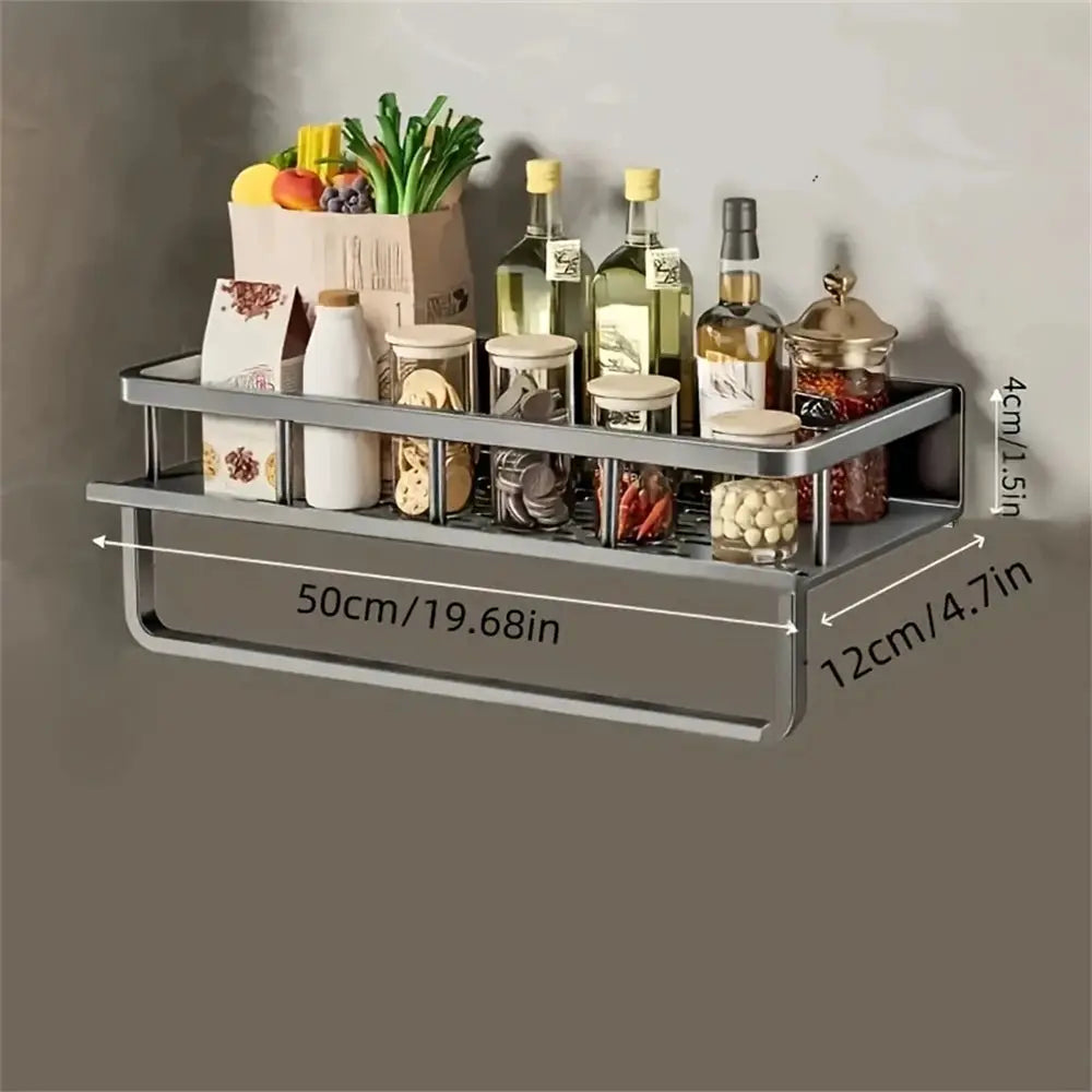 Multi-Functional Storage Rack with Rod wall-mounted by Simples Market; gray metal, holds bottles, jars and produce