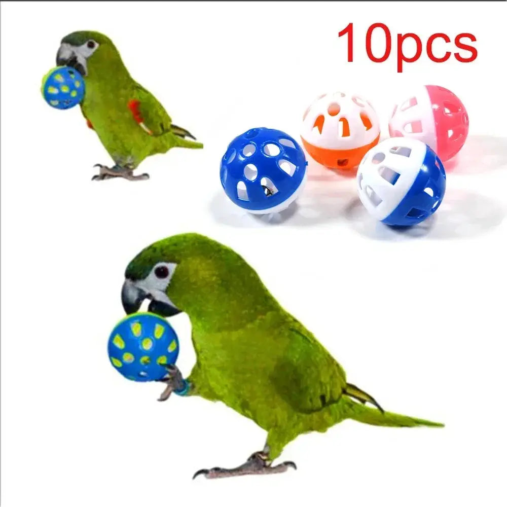Parrot toy set, 10pcs by Simples Market: colorful hollow rolling cage balls (blue/orange/white/pink)
