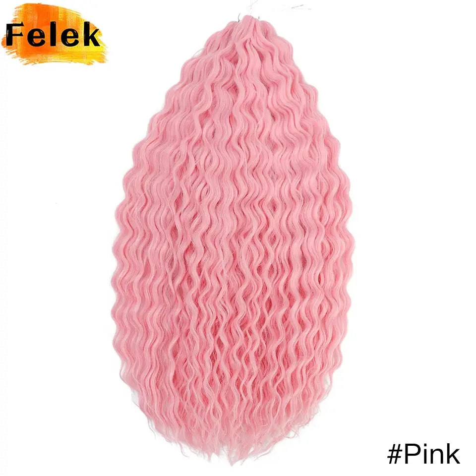 Ariel Curls pink crochet hair extensions with water-wave curls; synthetic Afro texture, Felek logo visible