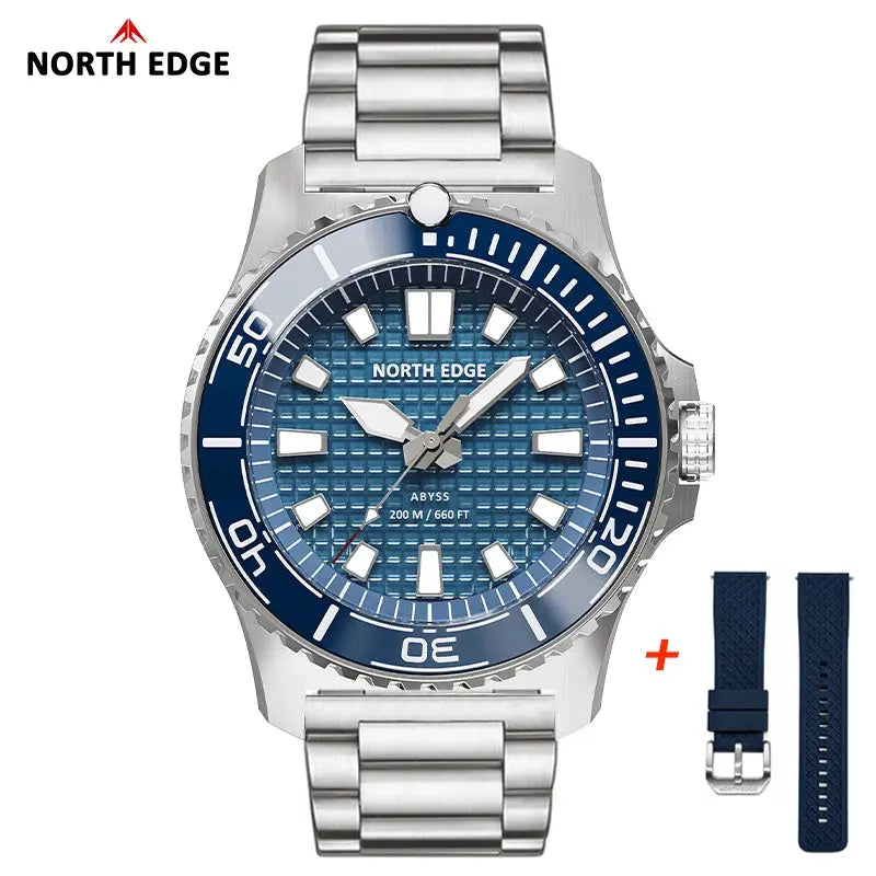 North Edge Abyss diving watch, 200m water resistant, stainless steel case, blue dial, includes extra blue strap.
