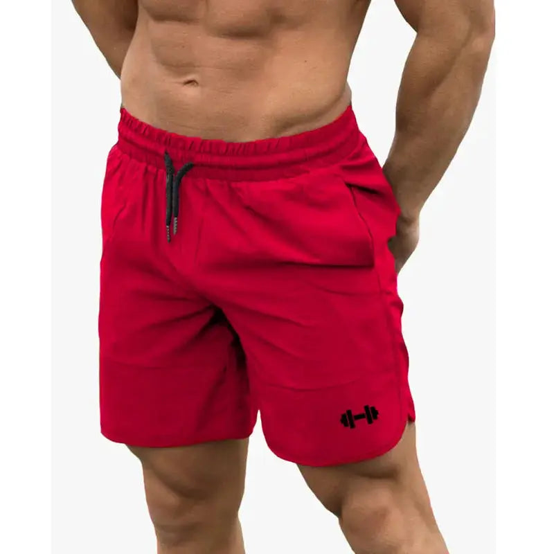 Summer men's gym shorts by Simples Market, red with black drawstring and logo on leg