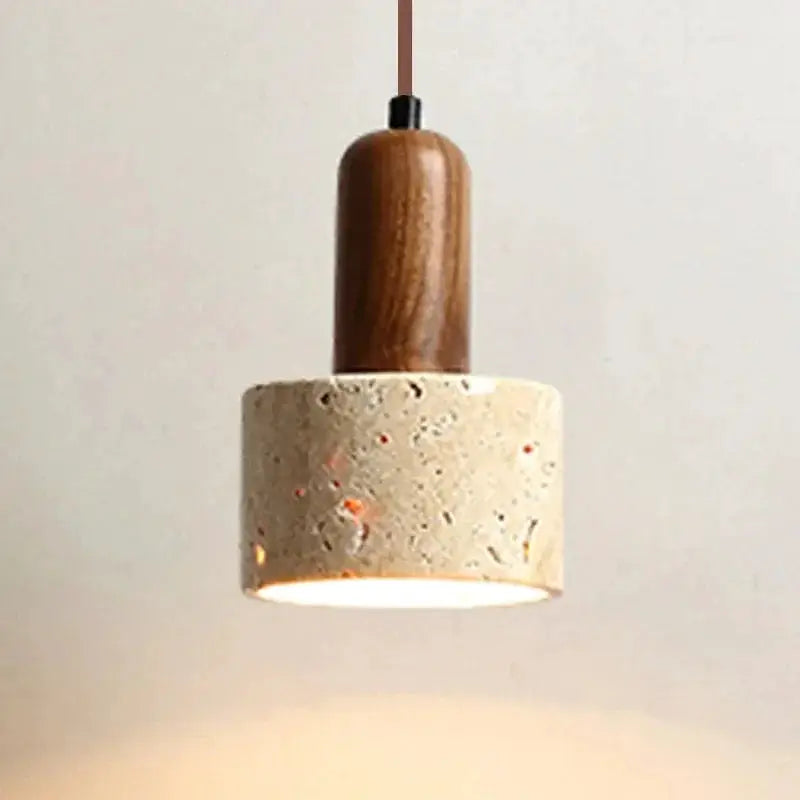 Simples Market travertine pendant light with beige speckled shade and wooden top