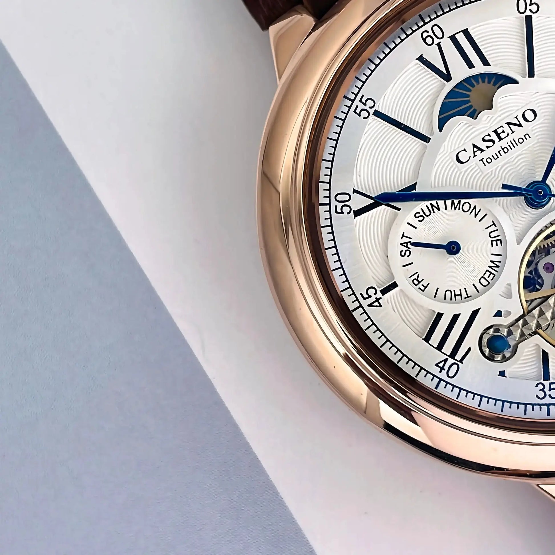 CASENO Star Roman Grand men's automatic tourbillon watch with white dial, rose-gold case and blue hands