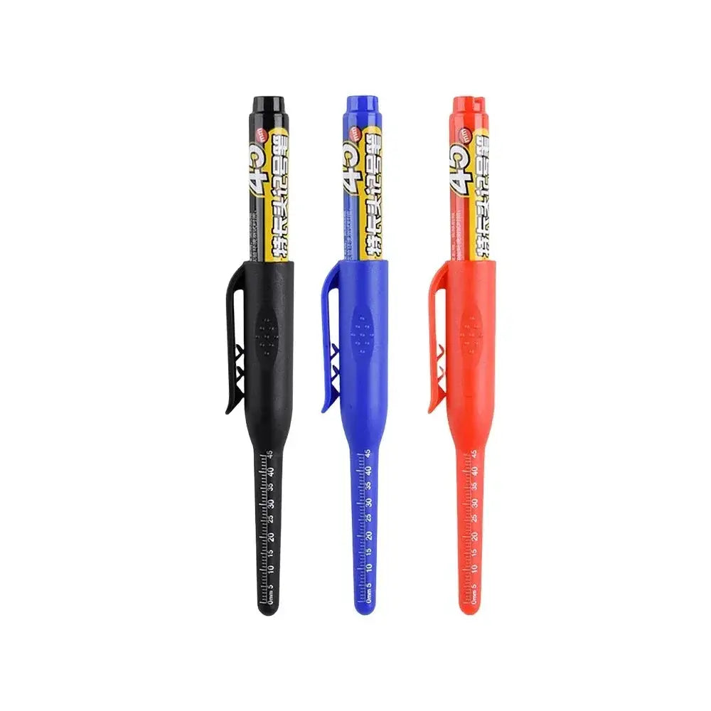 Simples Market trio of 45mm waterproof deep-hole marker pens with long nibs and rulers in black, blue, and red