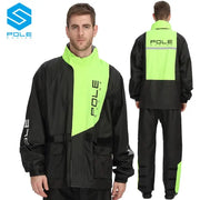 POLE Racing motorcycle raincoat set with neon lime panels, reflective details, jacket and pants.