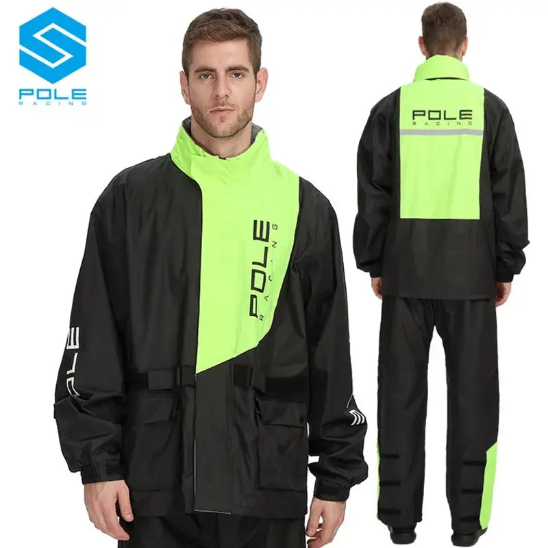 POLE Racing motorcycle raincoat set with neon lime panels, reflective details, jacket and pants.
