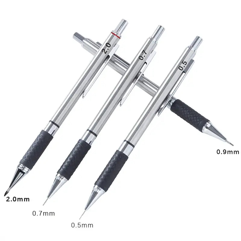 Metal mechanical pencil set with textured black grips; four silver pencils with 0.5/0.7/0.9/2.0mm leads.