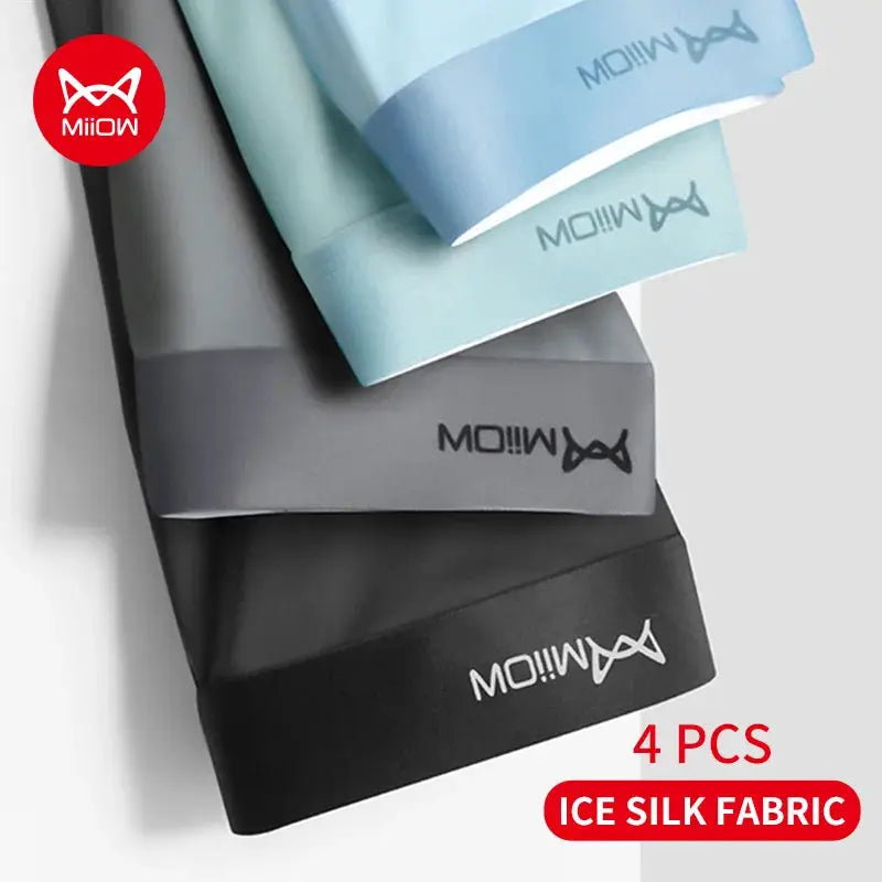 MiiOW 4Pcs ice silk graphene antibacterial men's boxer shorts; seamless breathable underwear, sizes L-5XL