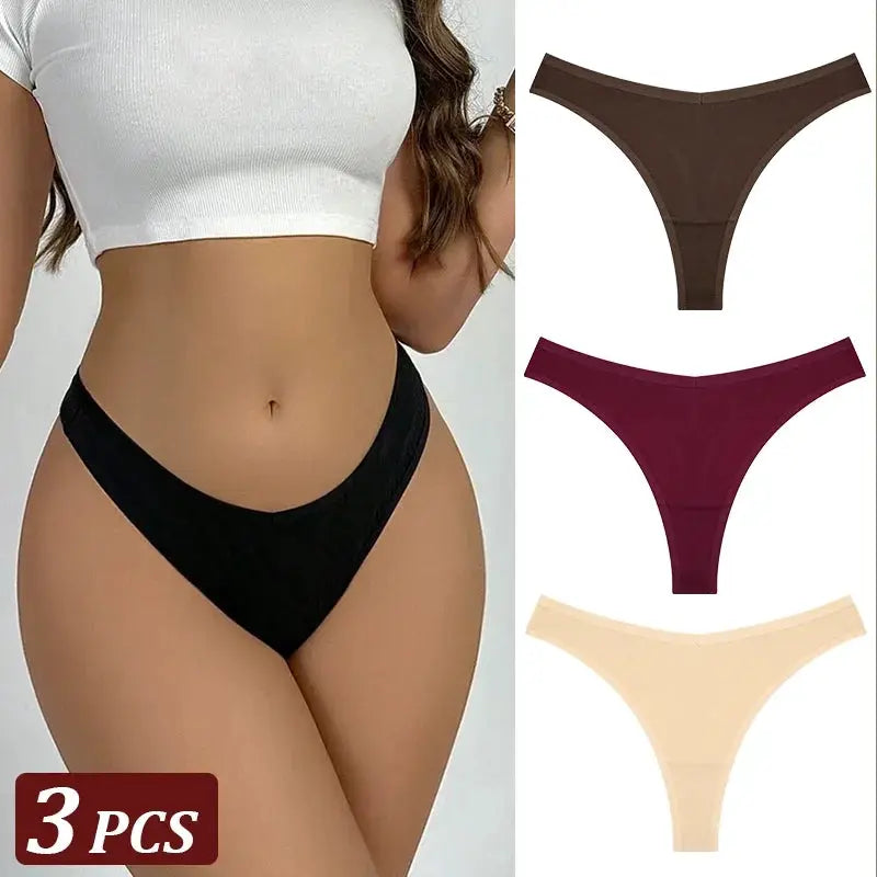 3-pcs seamless cotton thong underwear set by Simples Market in black, brown, burgundy, and beige with low-waist T-back