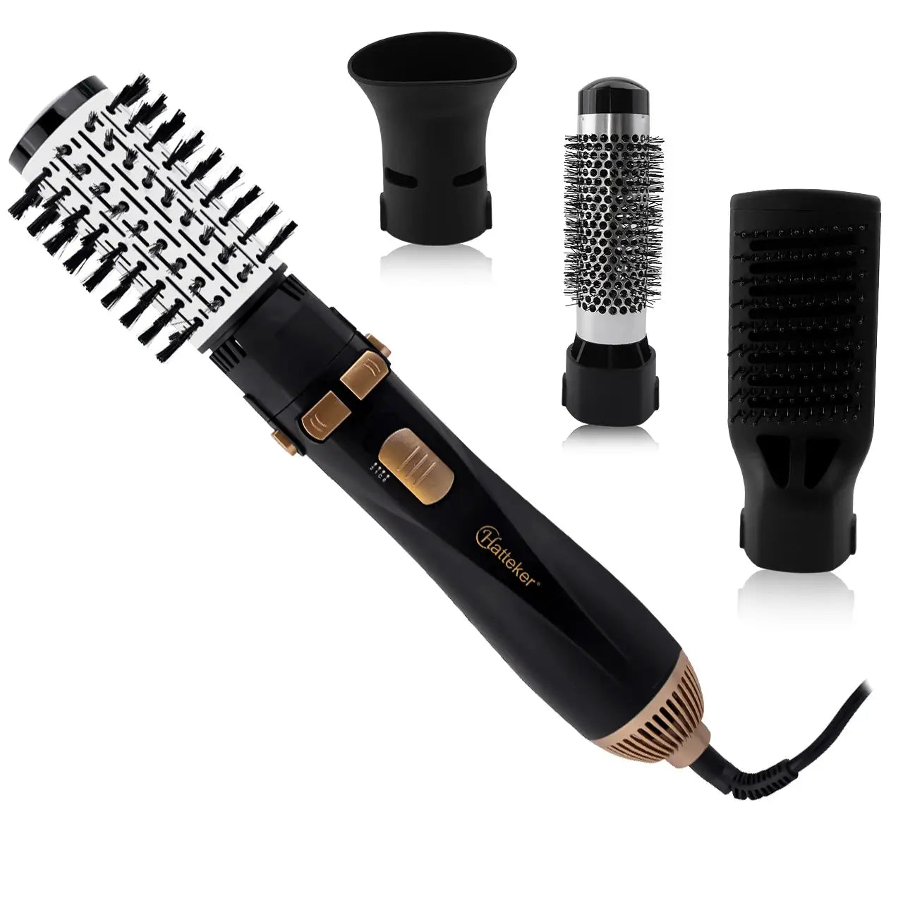 Hatteker EU 4-head hot air brush styling tool with 4 attachments and black-gold handle