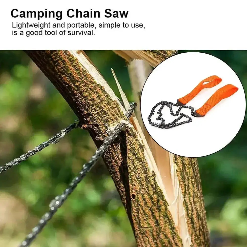 Camping chain saw with orange handles and black chain, portable survival tool shown cutting a branch