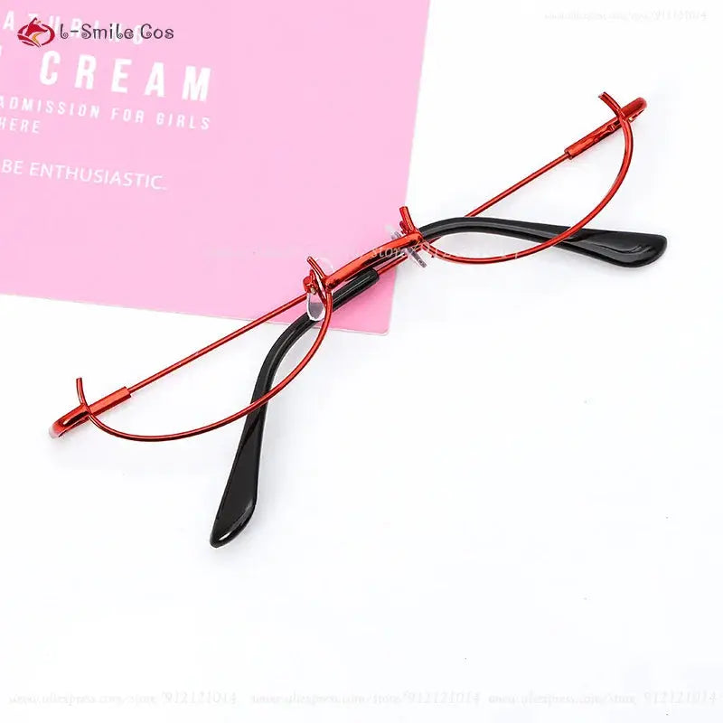 Cosplay glasses red metal frame by ALSmileCos on pink card background