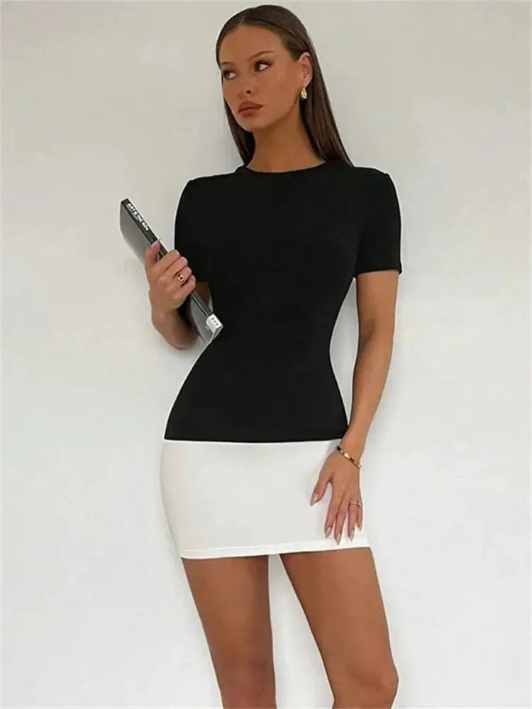 Tossy Summer Mini Dress High Waist Short Sleeve Bodycon Patchwork