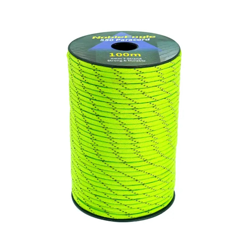 Reflective paracord rope spool, neon yellow-green 4mm 7-strand 550 cord, 100m, Simples Market.