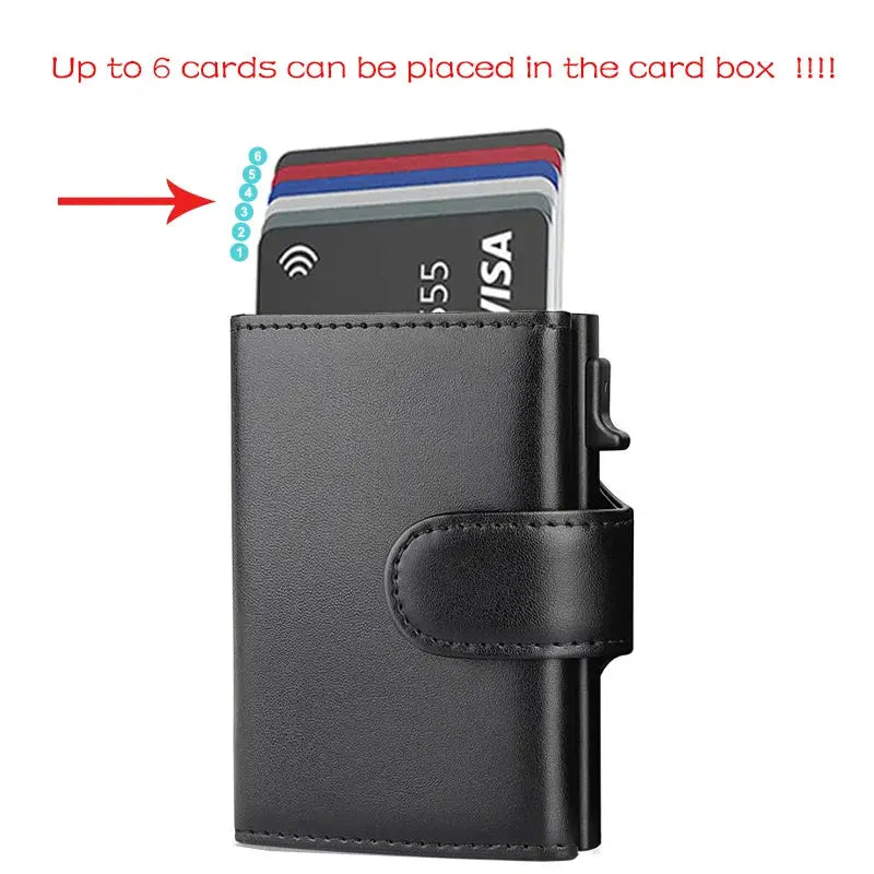 Simples Market RFID microfiber leather men's trifold wallet with snap strap, holds up to 6 cards, black.
