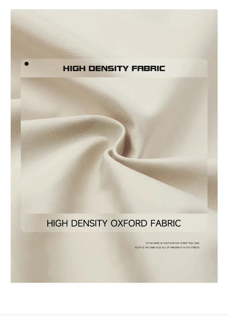 Beige Oxford fabric swatch with High Density Fabric label