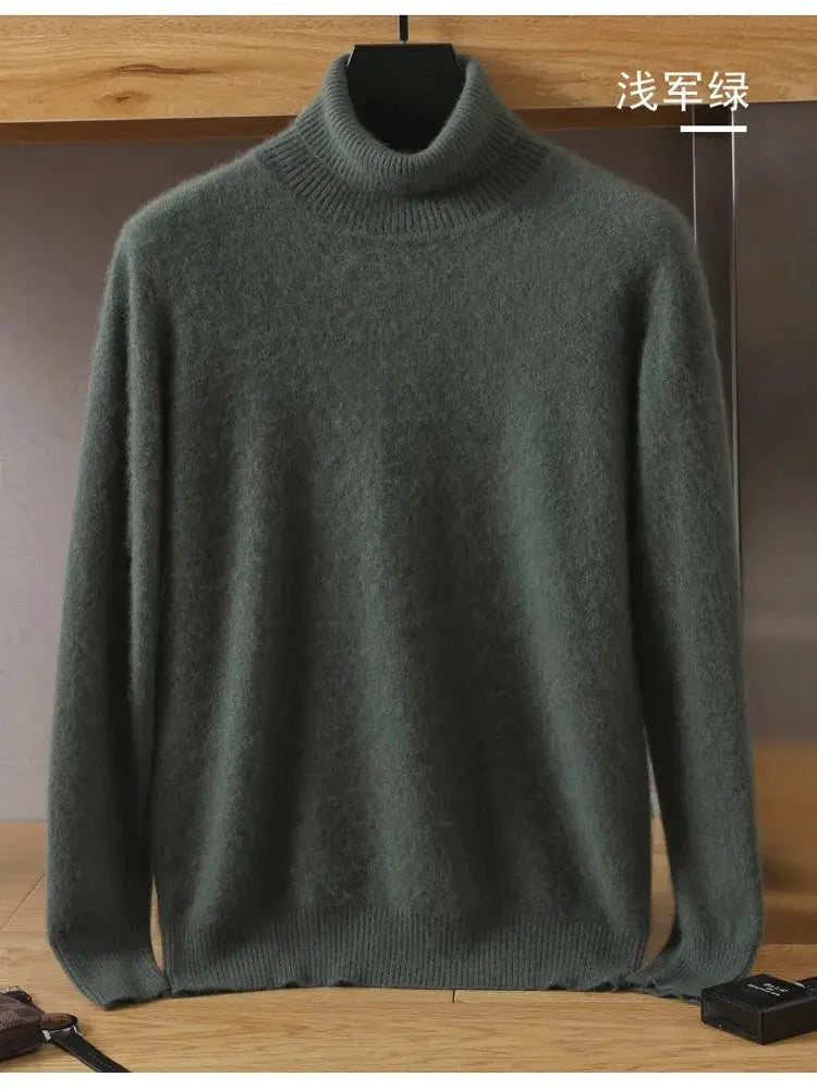 Men's mink velvet cashmere sweater by Simples Market in light army green, long-sleeve knitted pullover