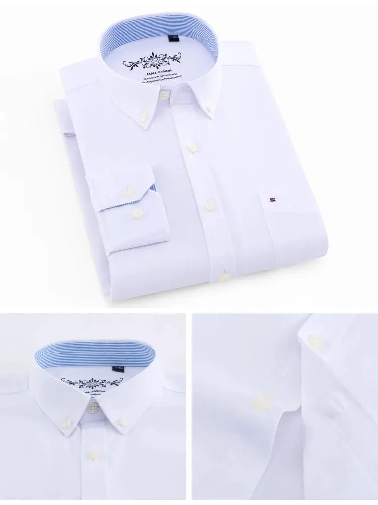 Men's long sleeve Oxford work shirt, light blue, casual button-down with single chest patch pocket.